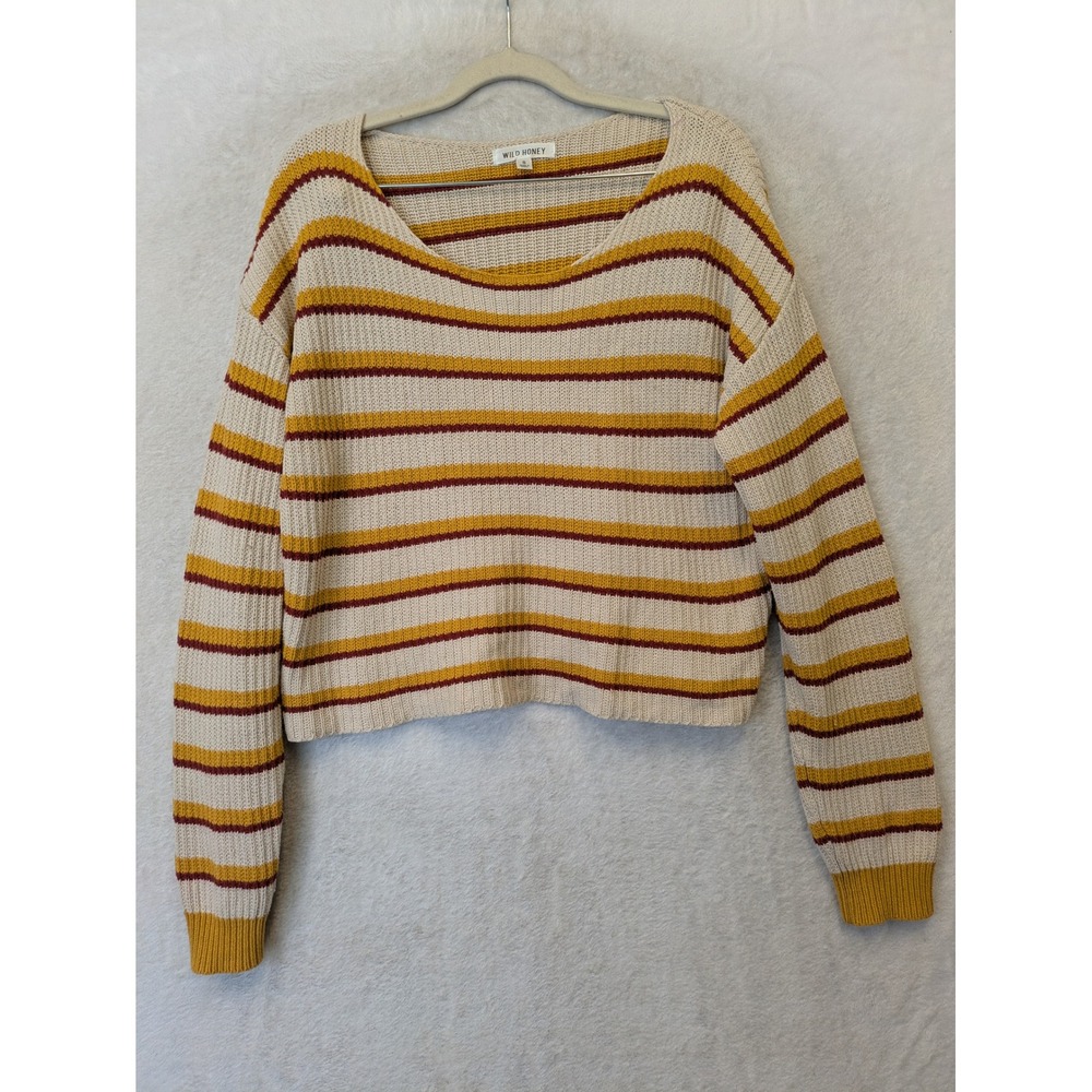 Wild Honey Sweater Women's Small Cream Yellow Striped Scoop Neck‎